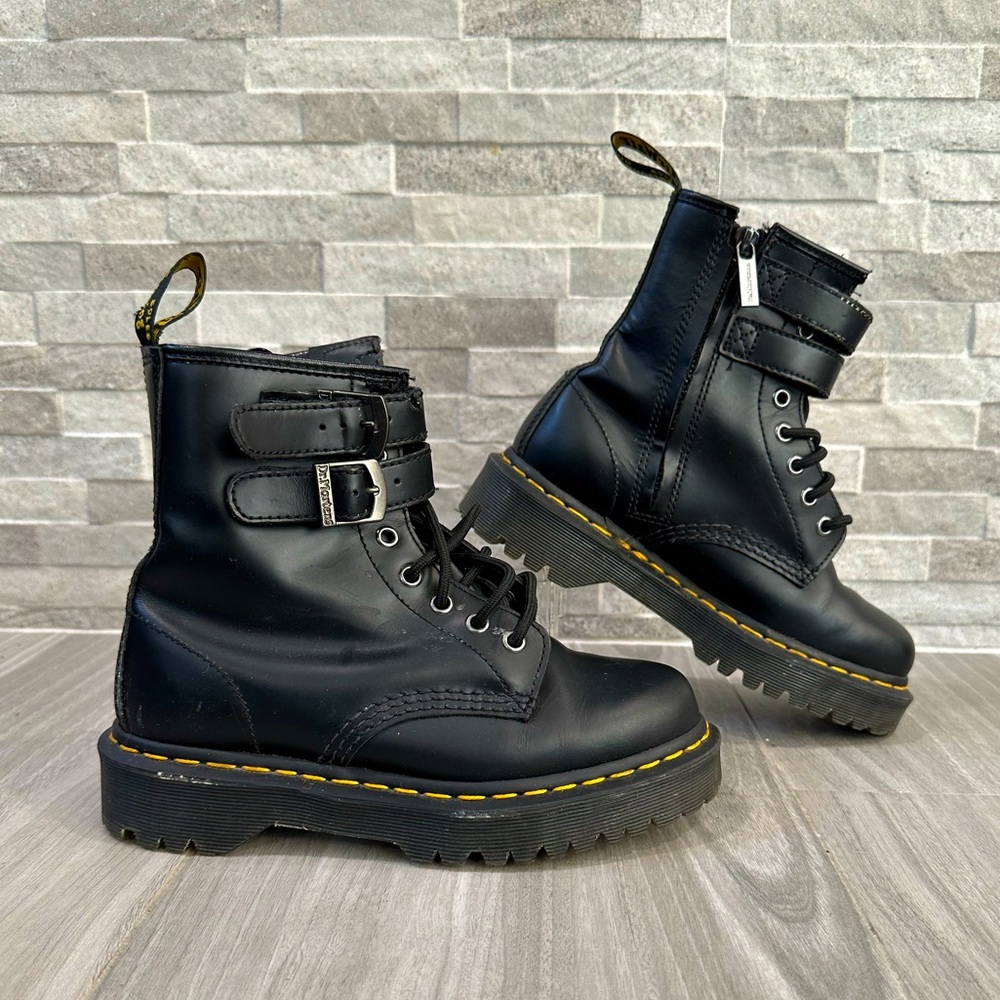 Dr. Marten Boots • Black with Strap Detail Silver Hardware • Size 37 EU 6 Women